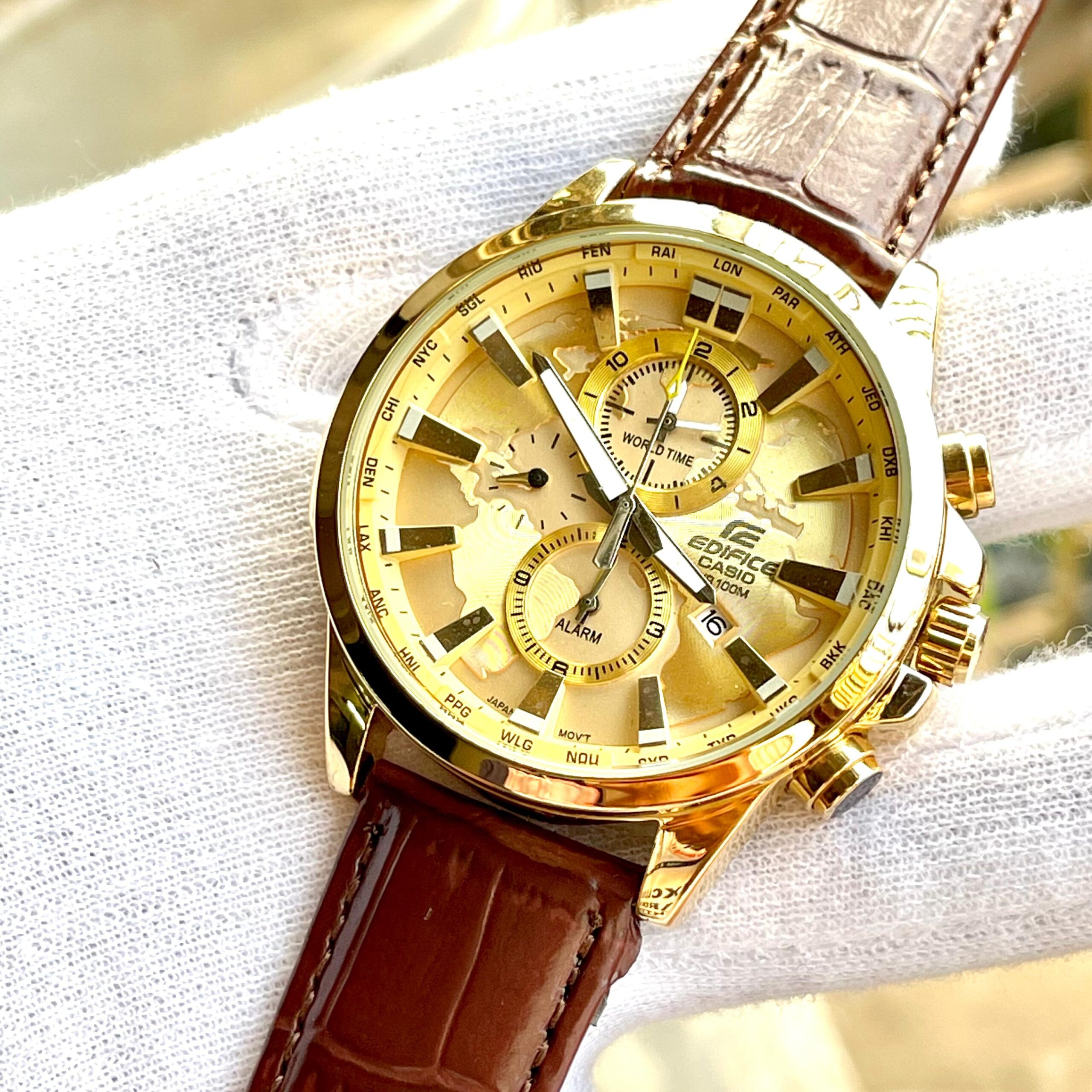 Casio EFR-303DY Men’s Gold Dial Chronograph with Brown Leather Strap and Japanese Quartz Movement