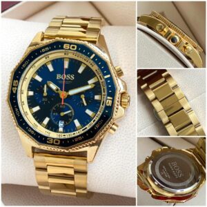 Hugo Boss Men’s 7A Luxury Watch with Full Golden Steel Bracelet, Blue Dial, and Sapphire Glass
