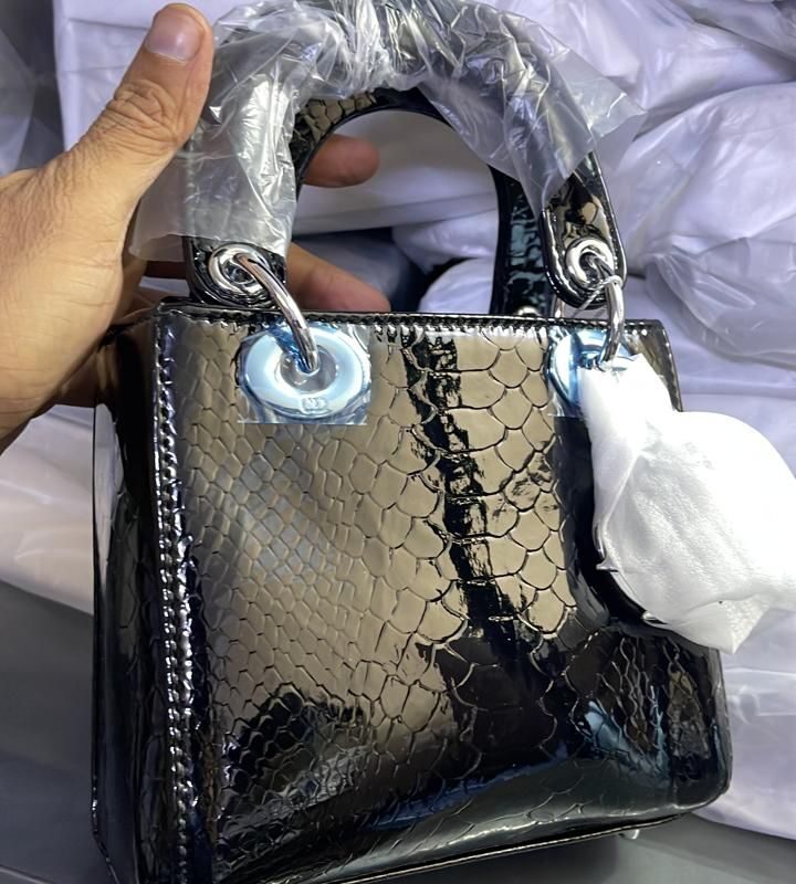 Dior Lady Dior Croc-Embossed Patent Leather Handbag
