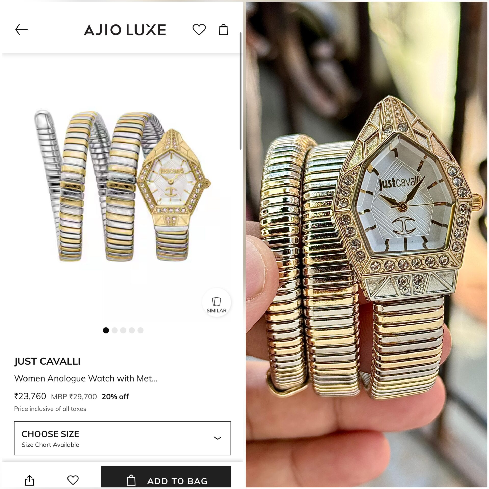 Just Cavalli Serpentine Women’s Watch 32mm Silver Gold Wrap Bracelet Diamond Bezel - Image 8