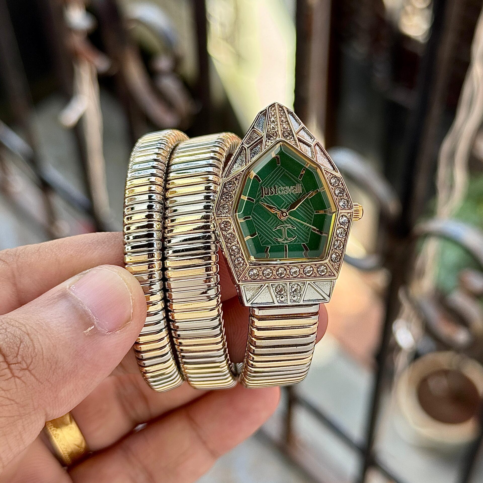 Just Cavalli Serpentine Women’s Watch 32mm Silver Gold Wrap Bracelet Diamond Bezel - Image 2