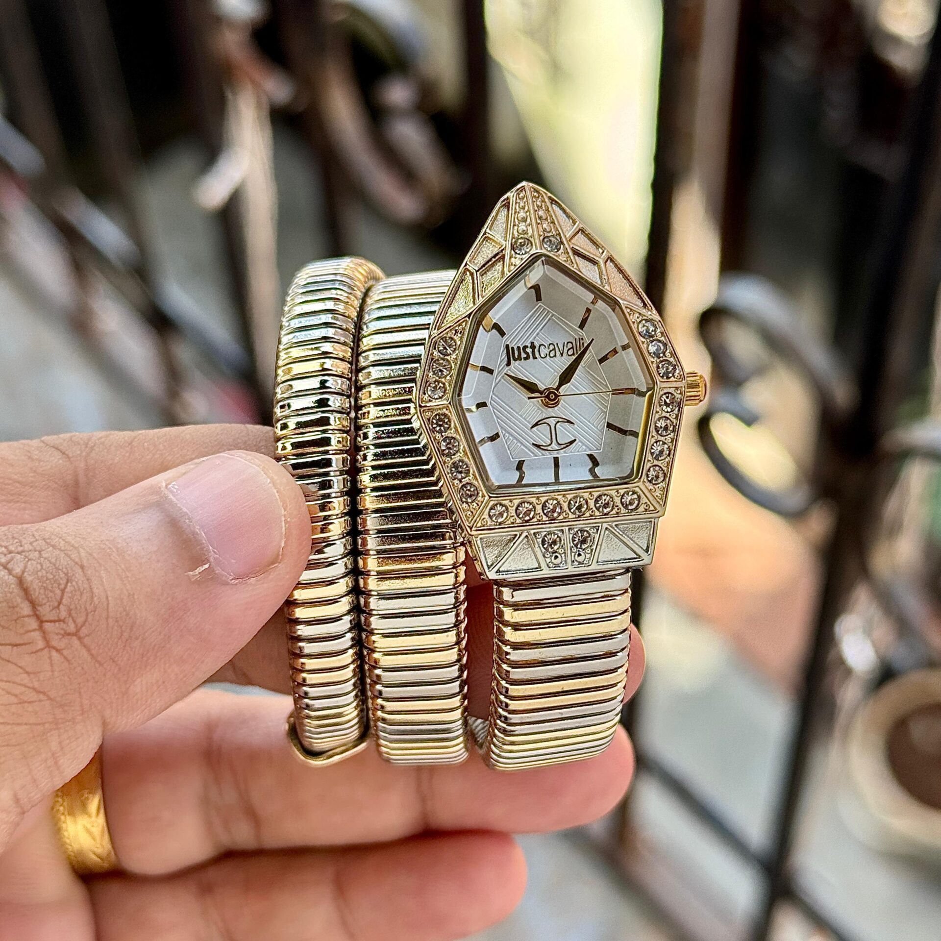 Just Cavalli Serpentine Women’s Watch 32mm Silver Gold Wrap Bracelet Diamond Bezel - Image 6