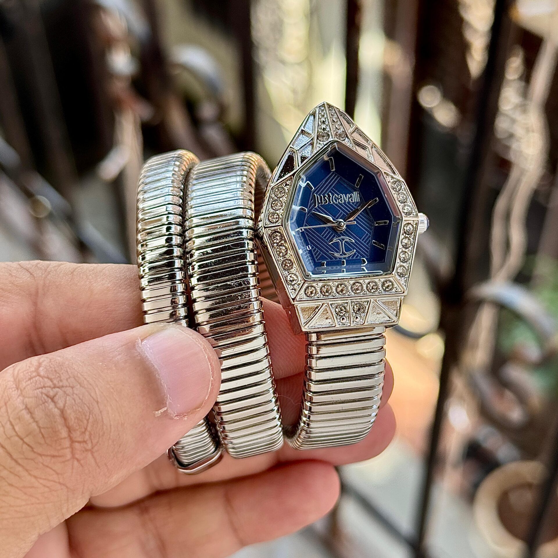 Just Cavalli Serpentine Women’s Watch 32mm Silver Gold Wrap Bracelet Diamond Bezel - Image 4