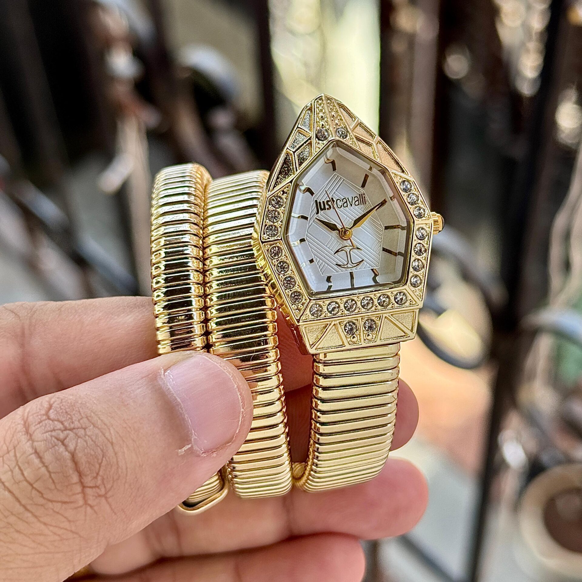 Just Cavalli Serpentine Women’s Watch 32mm Silver Gold Wrap Bracelet Diamond Bezel - Image 3