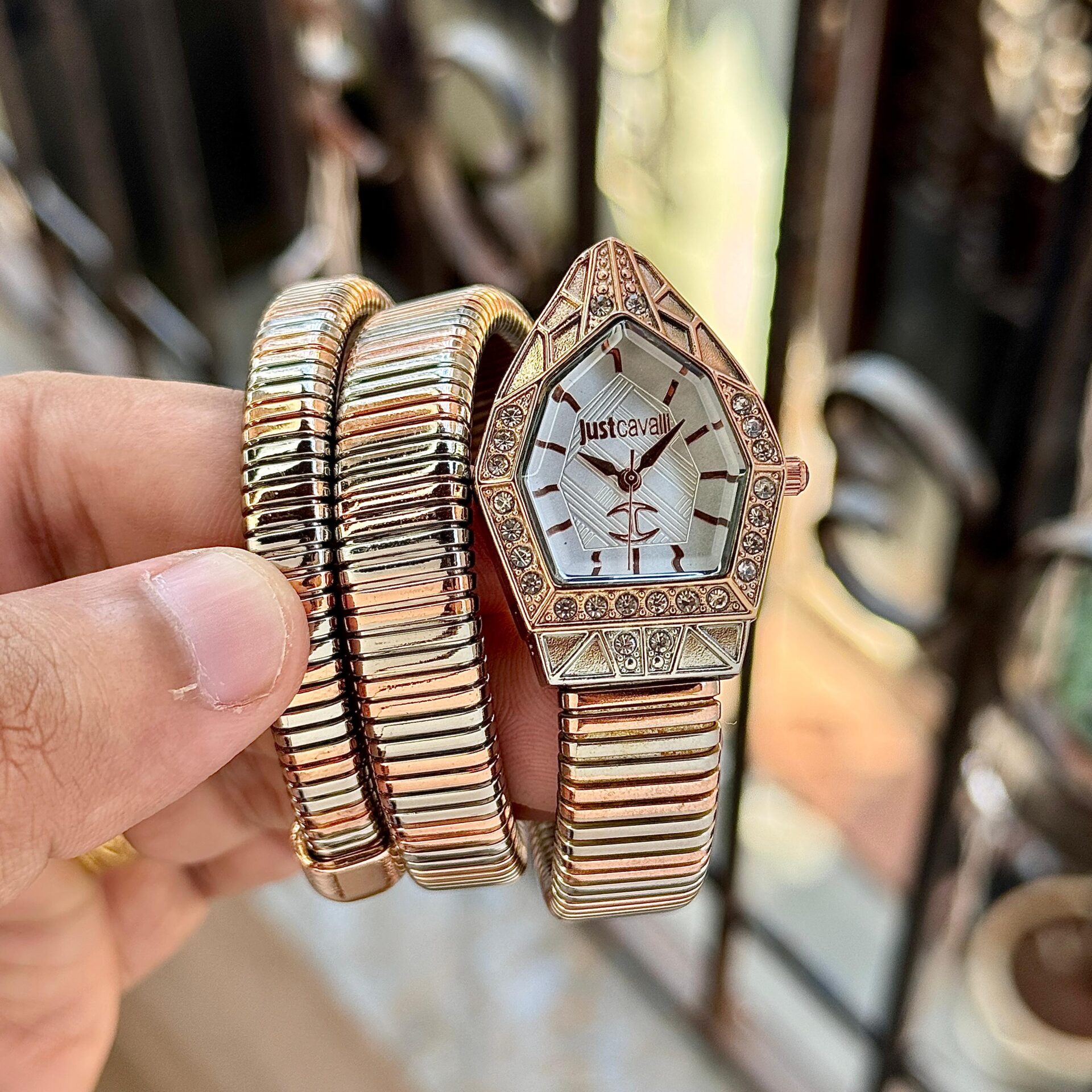 Just Cavalli Serpentine Women’s Watch 32mm Silver Gold Wrap Bracelet Diamond Bezel - Image 7