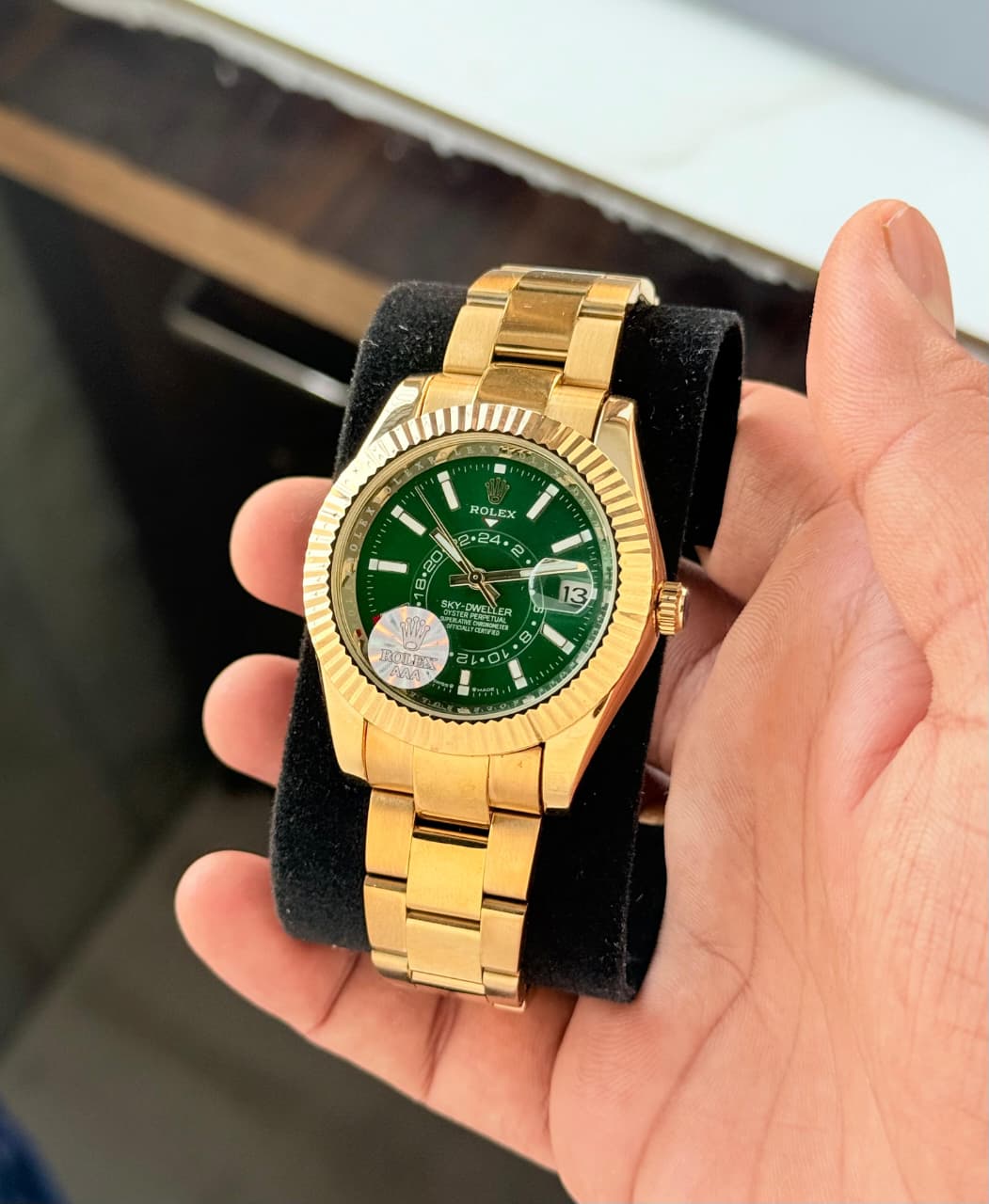 Rolex Sky-Dweller Green Dial Gold Tone Automatic Watch for Men with Date Display