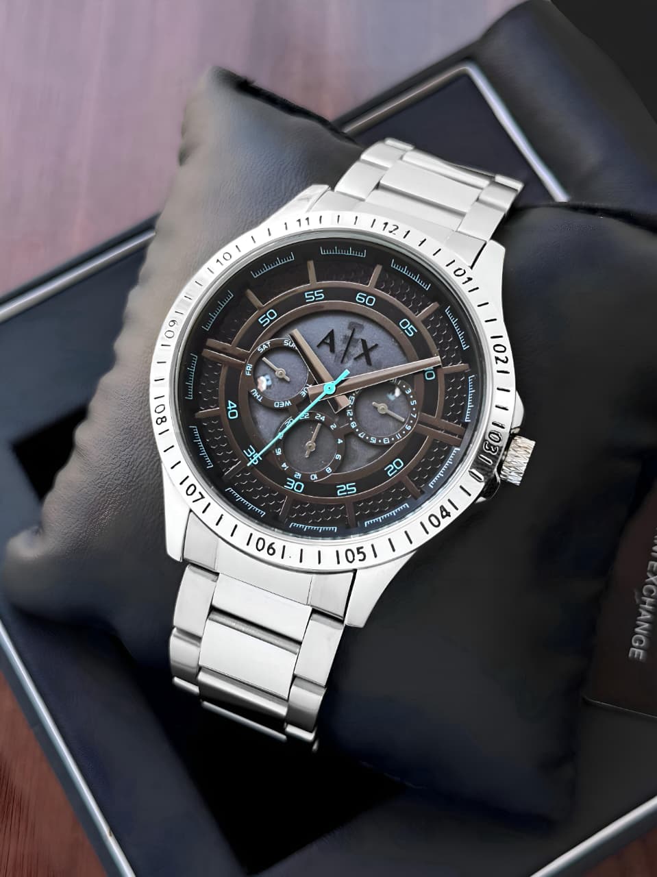 Armani Exchange Men’s Modern Chronograph Stainless Steel Watch – Black Dial, 43mm