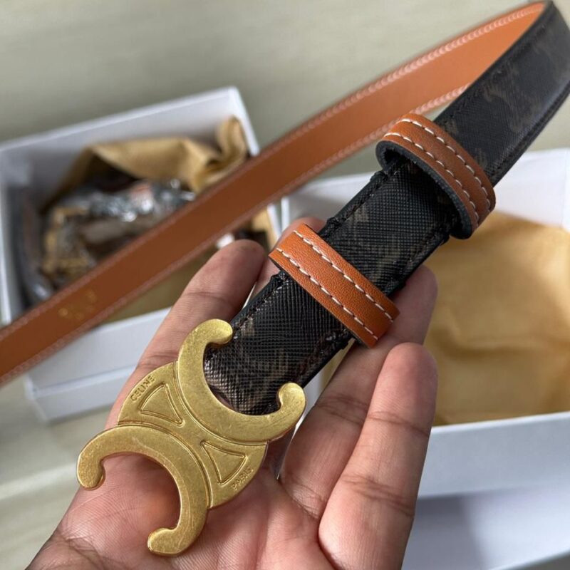 Celine Triomphe Slim Ladies Belt Brown Monogram Leather with Gold Logo