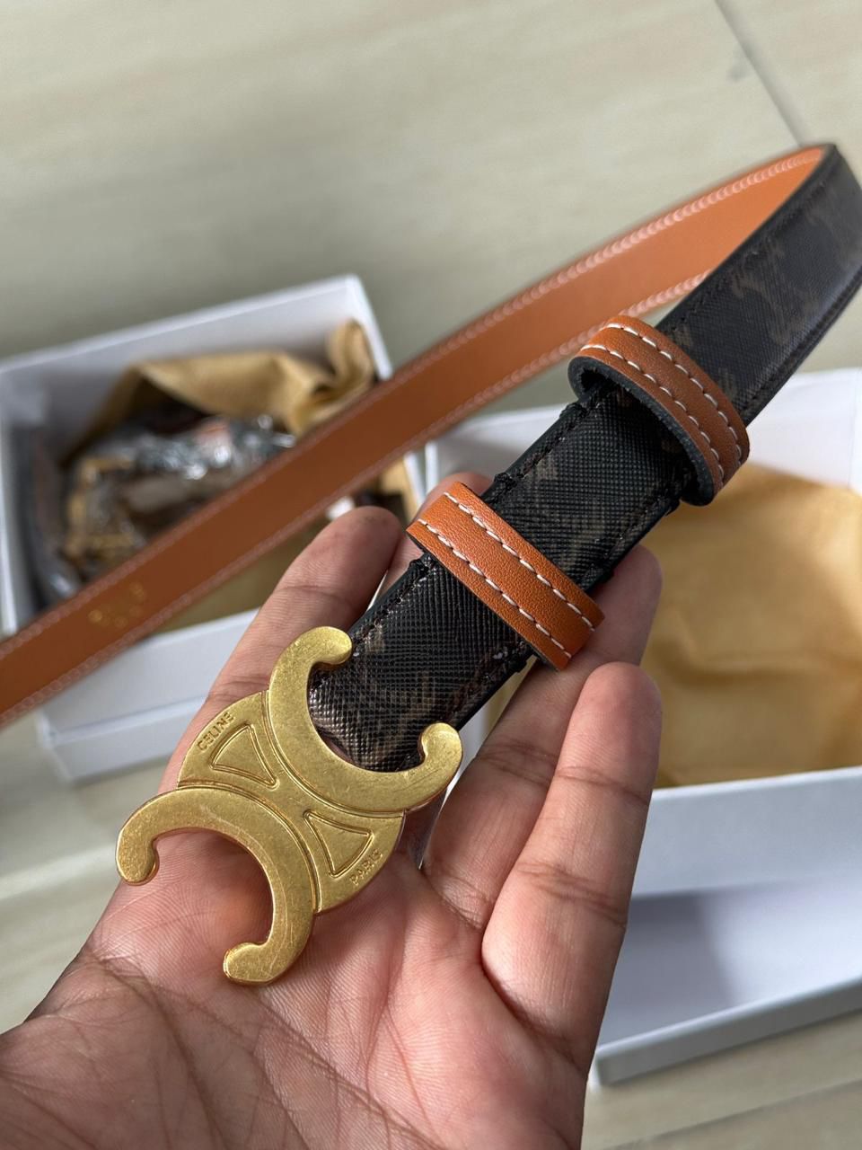 Celine Triomphe Slim Ladies Belt Brown Monogram Leather with Gold Logo