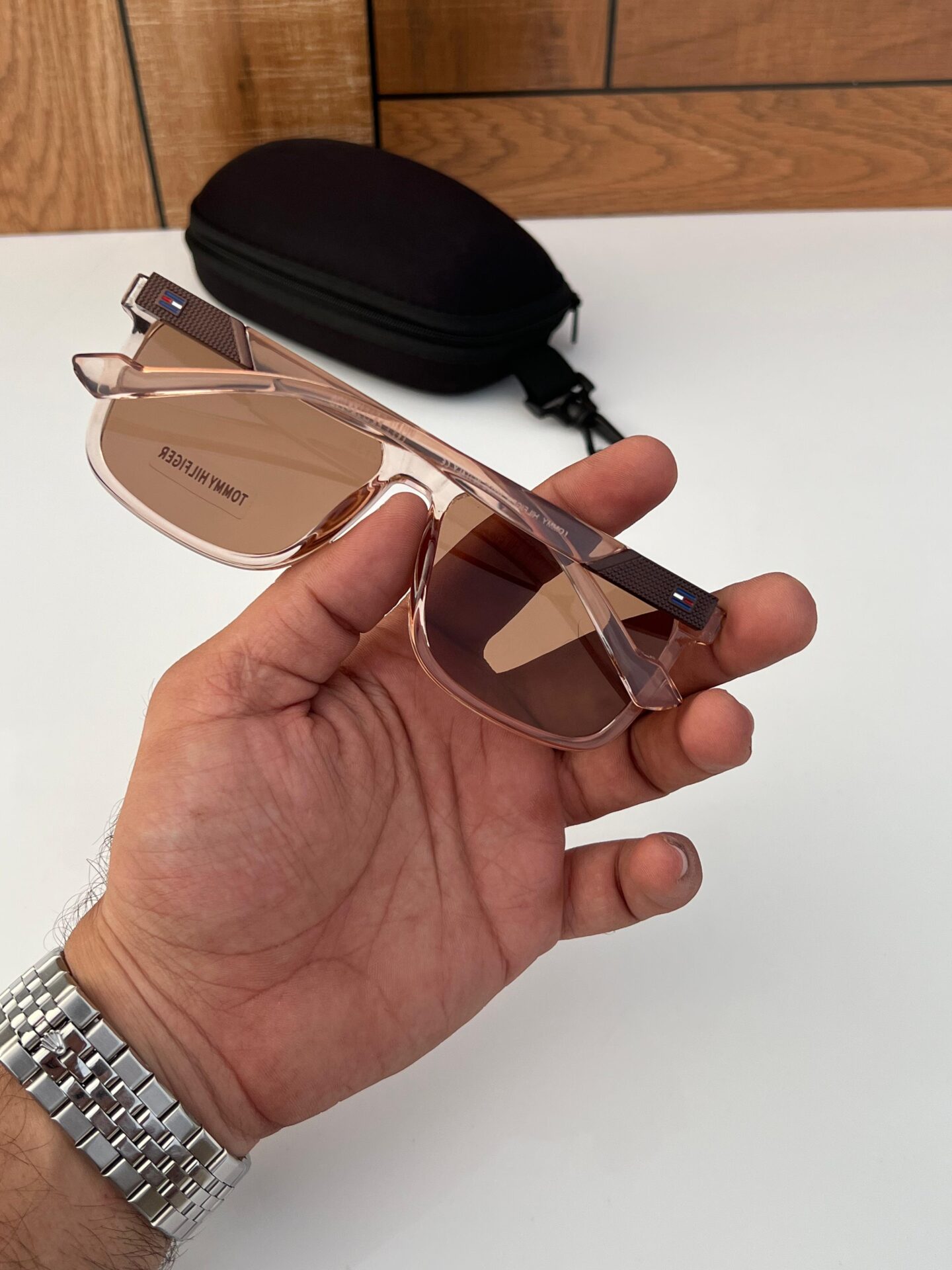 Tommy Hilfiger Transparent brown square acetate frame Men's Sunglasses - Image 4