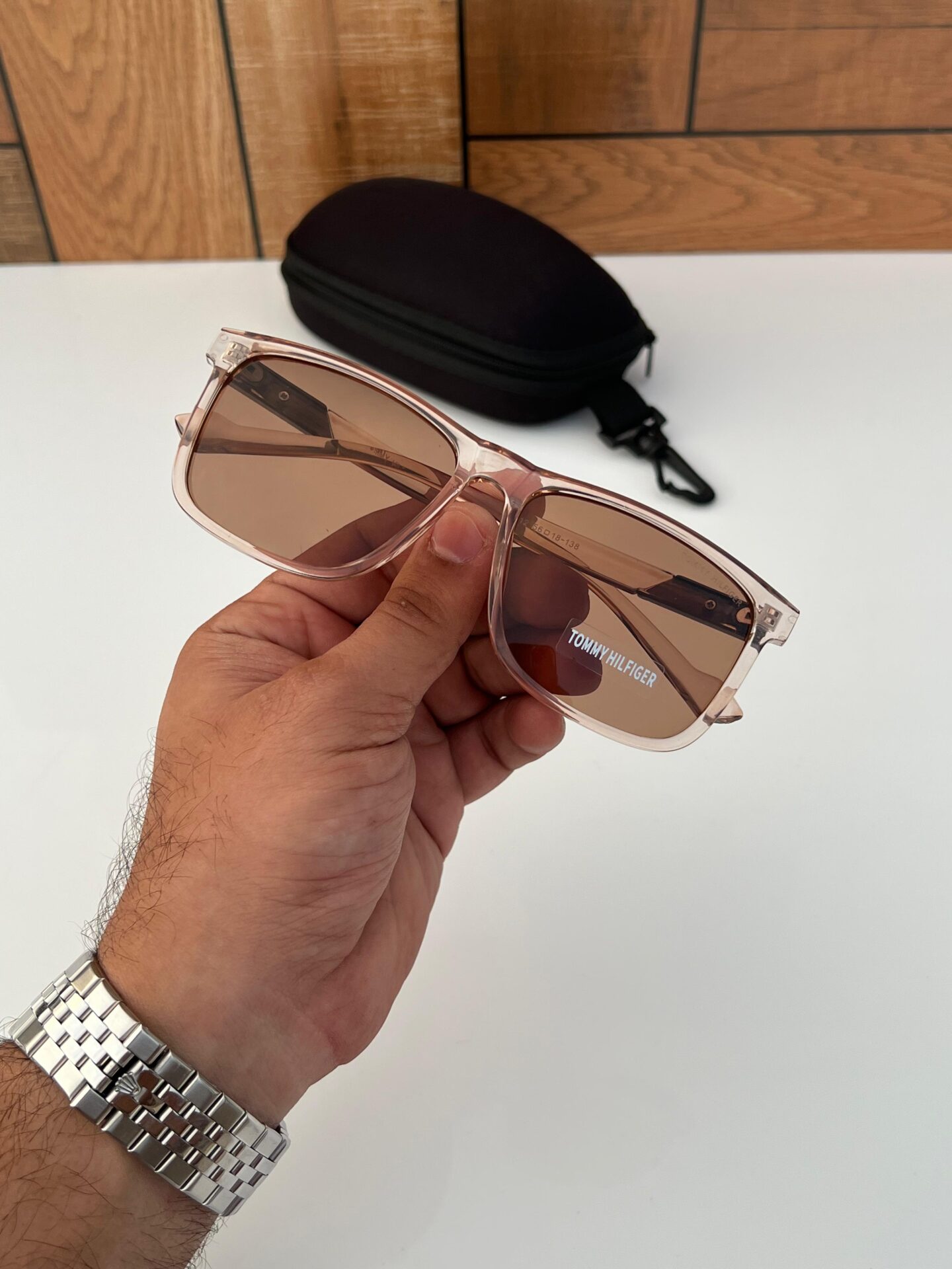 Tommy Hilfiger Transparent brown square acetate frame Men's Sunglasses - Image 3