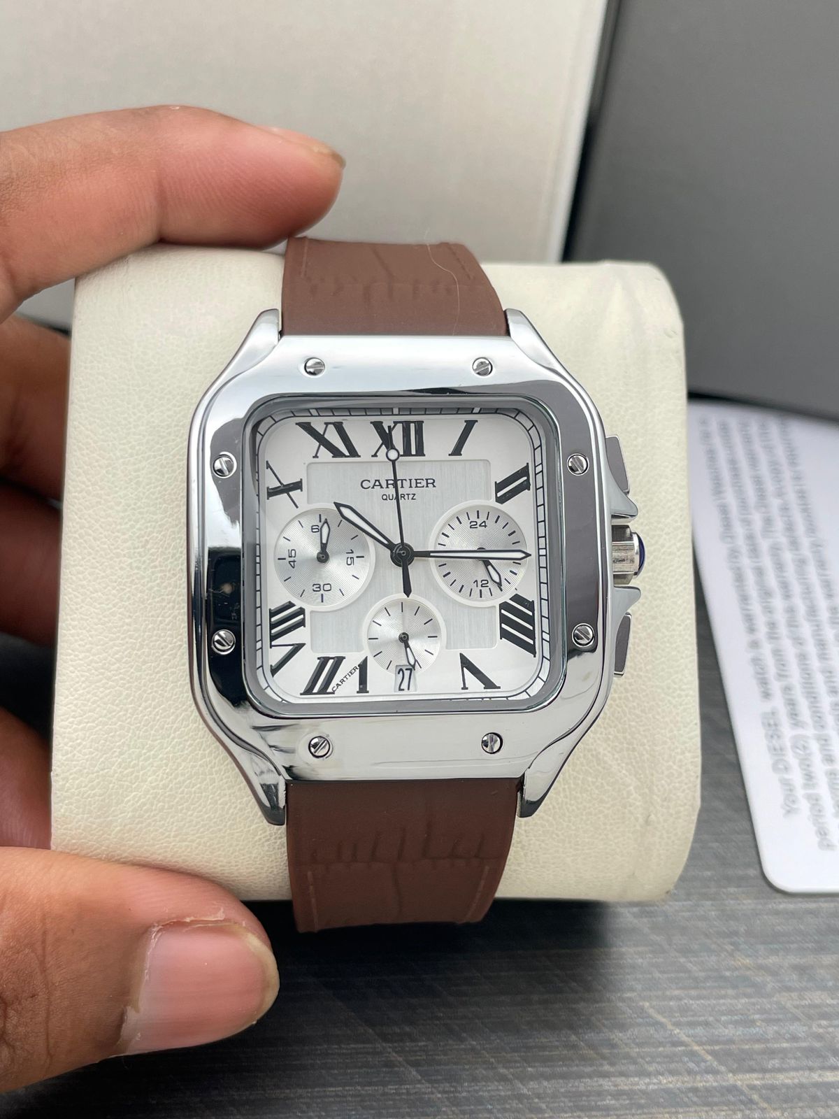 Cartier Santos Chronograph Black Steel White Roman Dial 42mm Quartz Movement Men's watch - Image 8