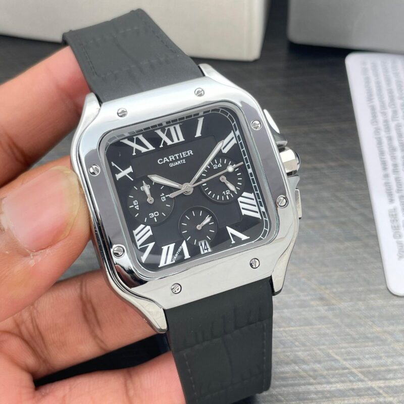 Cartier Santos Chronograph Black Steel White Roman Dial 42mm Quartz Movement Men's watch