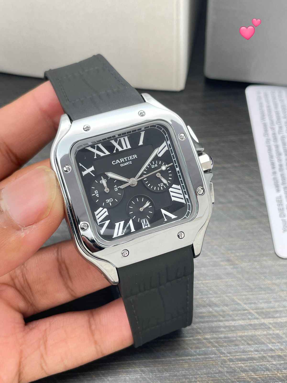 Cartier Santos Chronograph Black Steel White Roman Dial 42mm Quartz Movement Men's watch