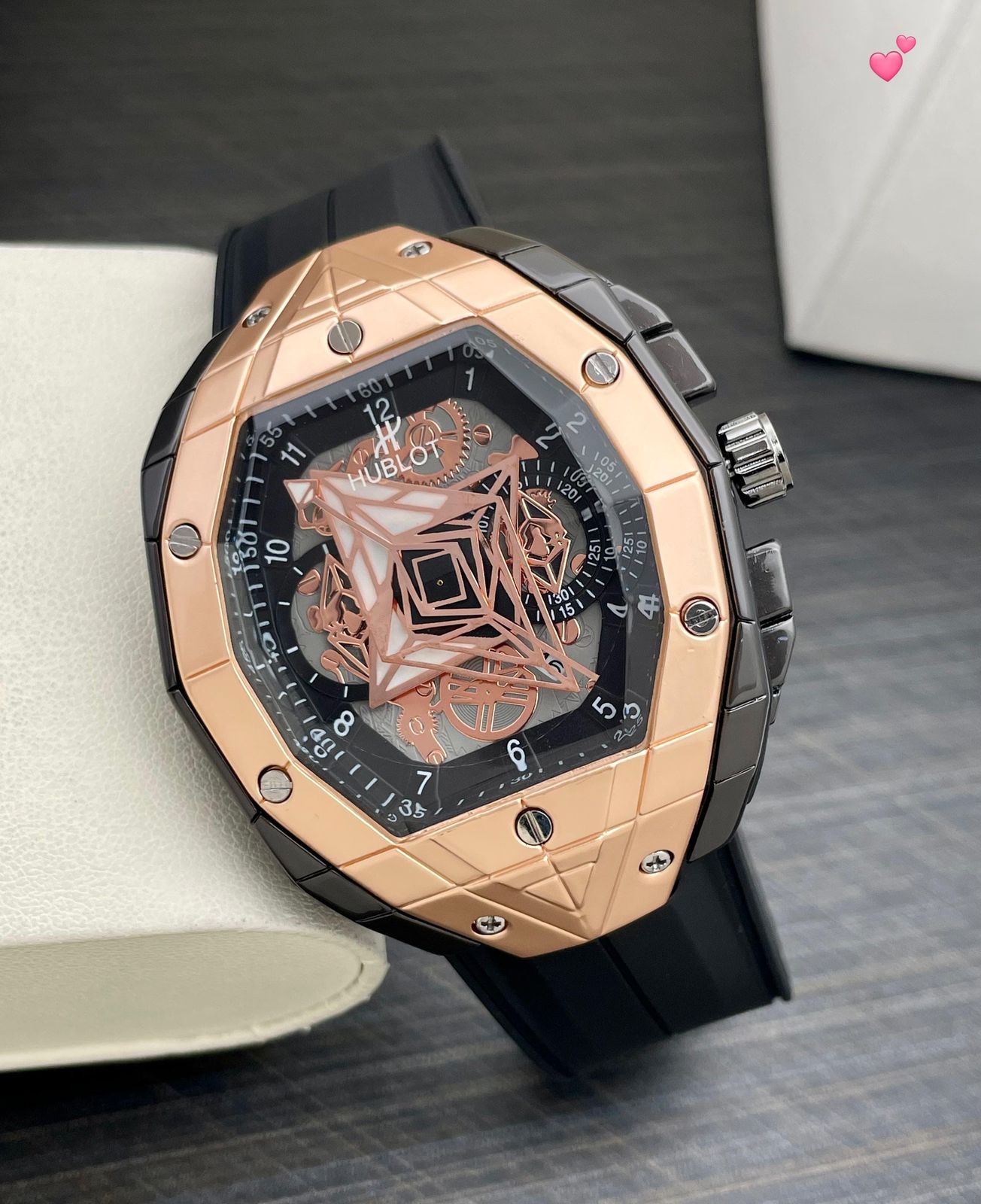 Hublot Big Bang Sang Bleu II Rose Gold Black Geometric Skeleton Quartz Machine Men's Watch - Image 4
