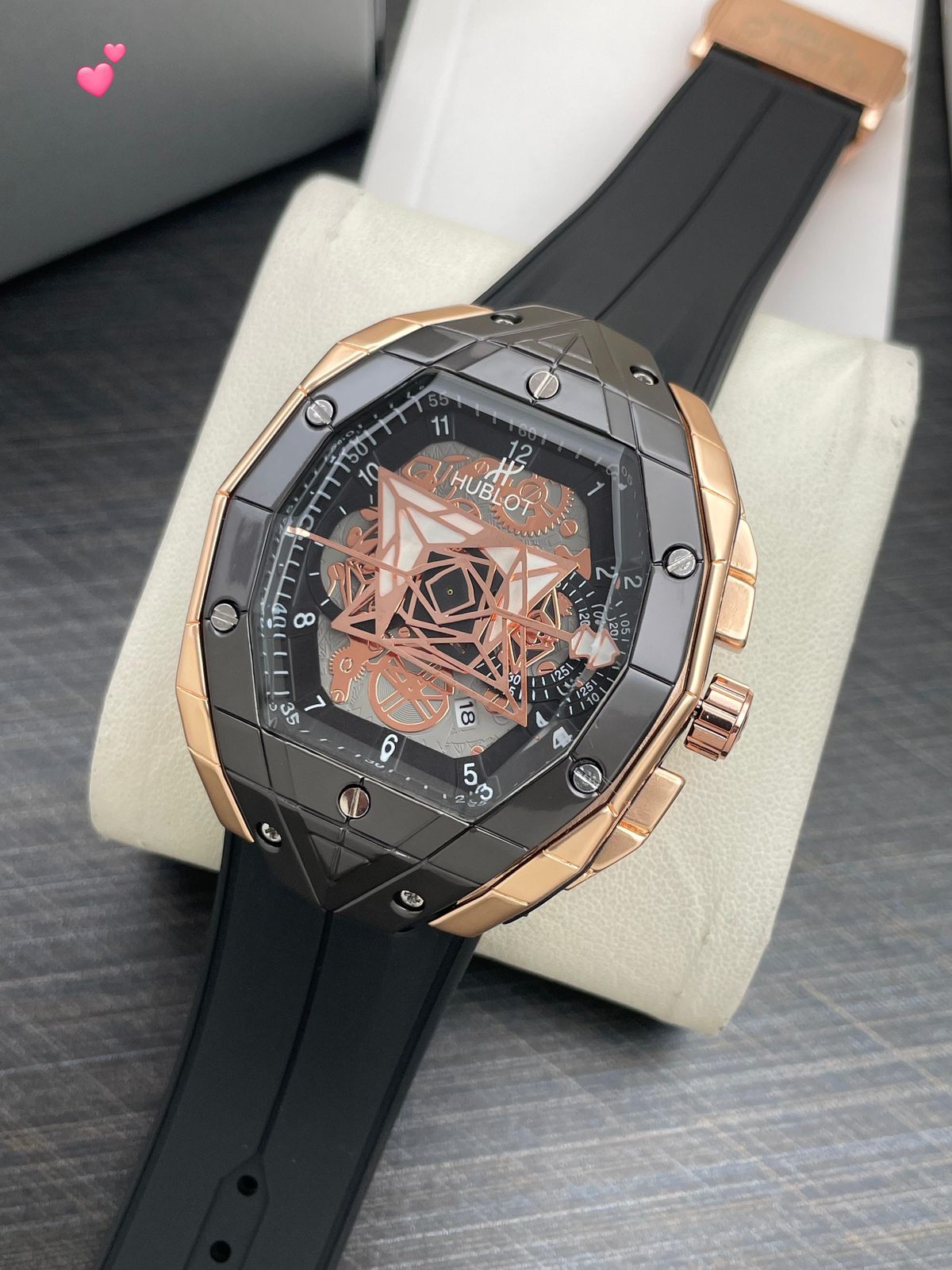 Hublot Big Bang Sang Bleu II Rose Gold Black Geometric Skeleton Quartz Machine Men's Watch
