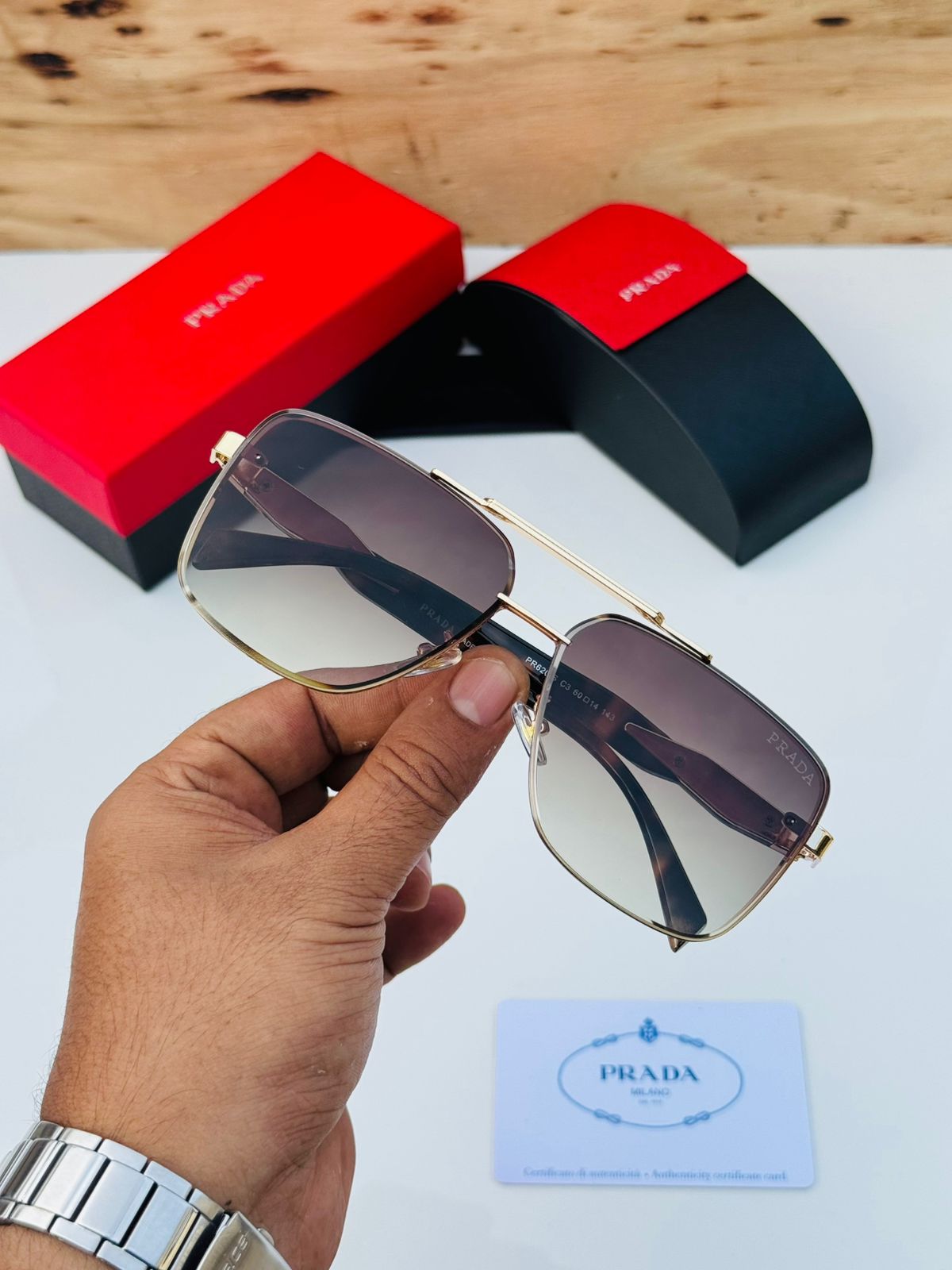 Prada Square Aviator Unisex Sunglasses - Image 9