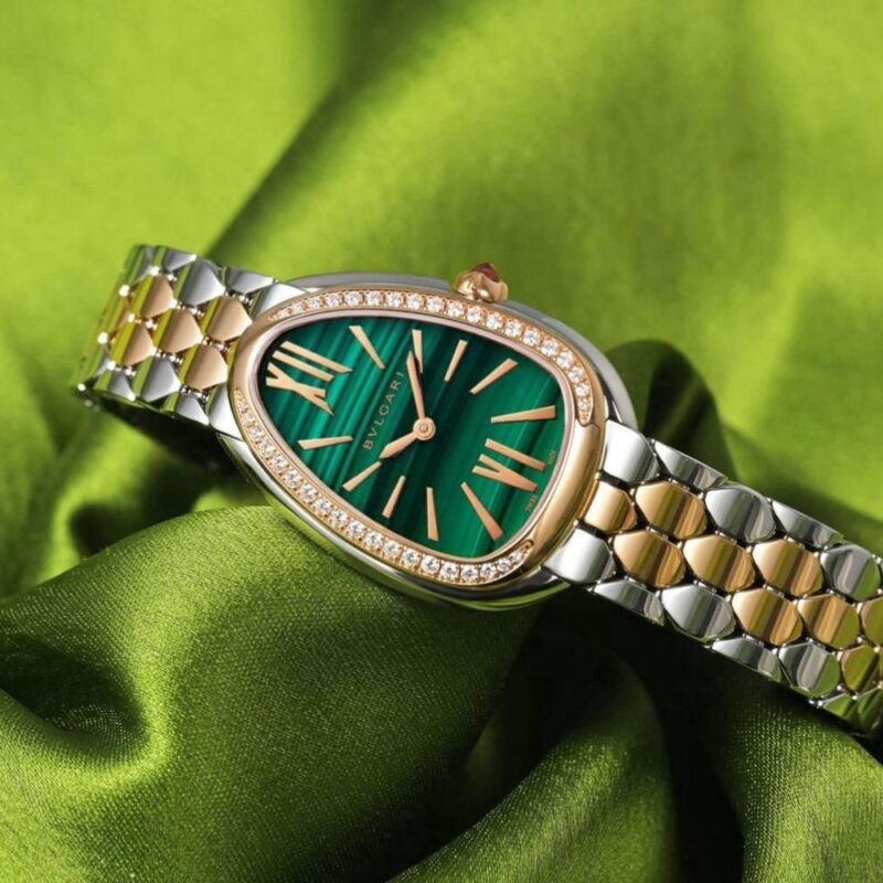 Bvlgari Serpenti Malachite Green Diamond Stainless Steel Rose Gold Women's Watch