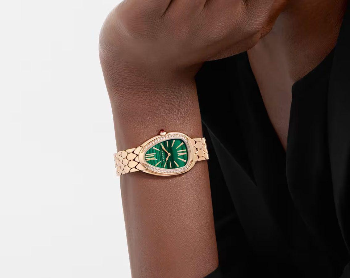 Bvlgari Serpenti Malachite Green Diamond Stainless Steel Rose Gold Women's Watch - Image 2