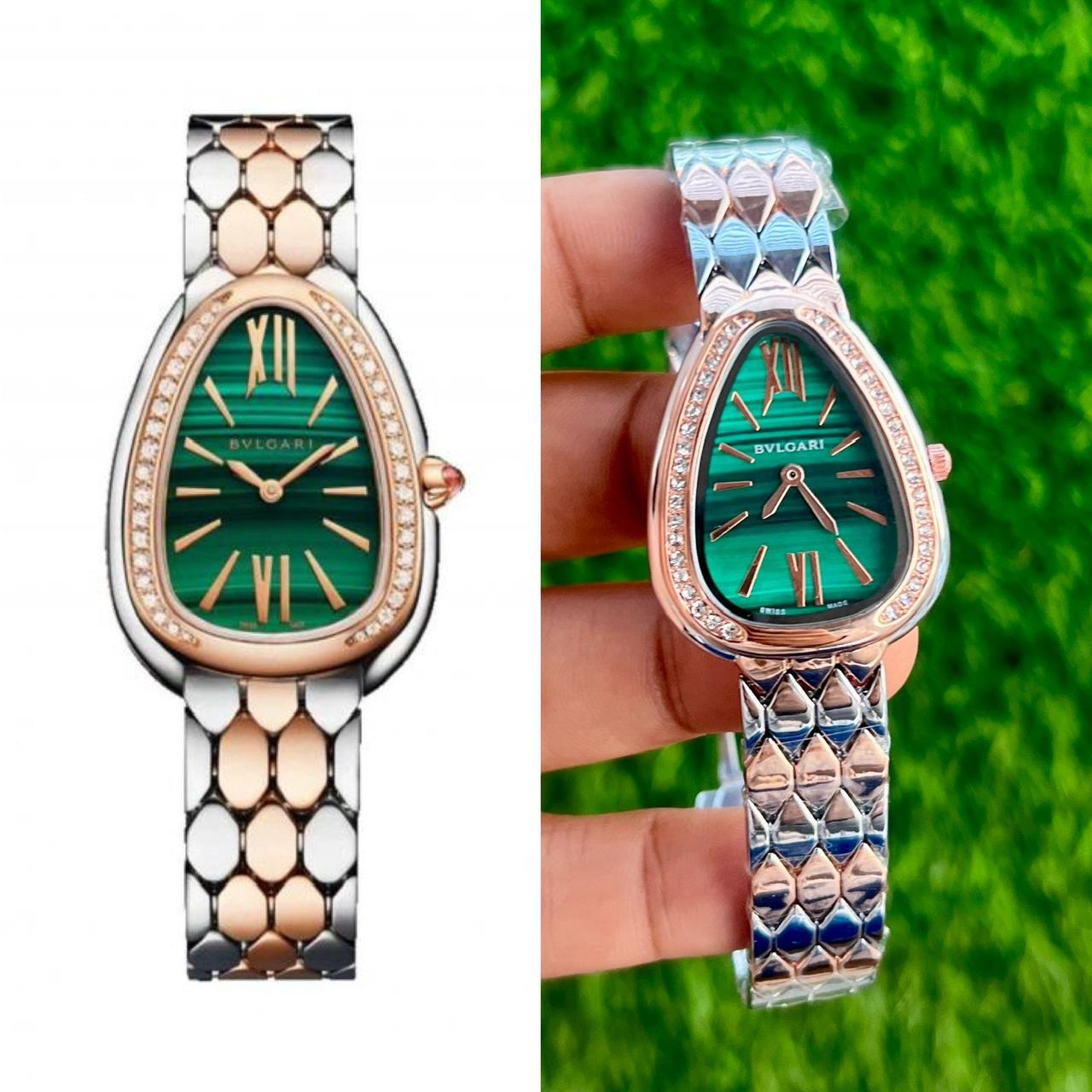 Bvlgari Serpenti Malachite Green Diamond Stainless Steel Rose Gold Women's Watch - Image 3