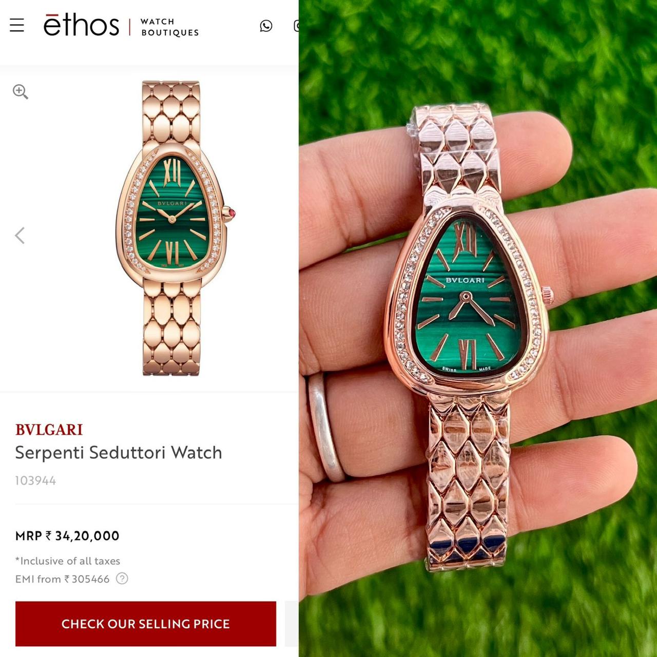 Bvlgari Serpenti Malachite Green Diamond Stainless Steel Rose Gold Women's Watch - Image 4