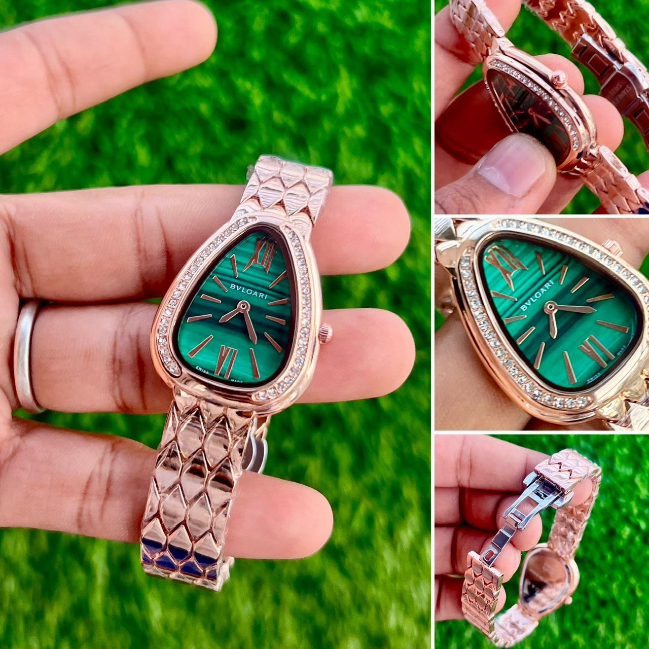 Bvlgari Serpenti Malachite Green Diamond Stainless Steel Rose Gold Women's Watch - Image 5