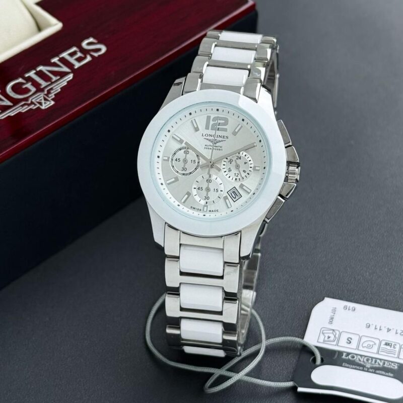 Longines White Ceramic Bezel Silver Stainless Steel Chronograph Quartz Movement Men's Watch