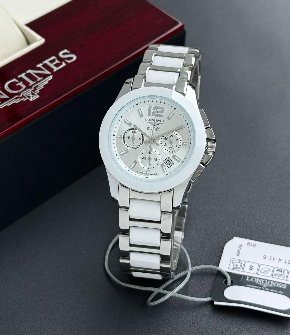 Longines White Ceramic Bezel Silver Stainless Steel Chronograph Quartz Movement Men's Watch