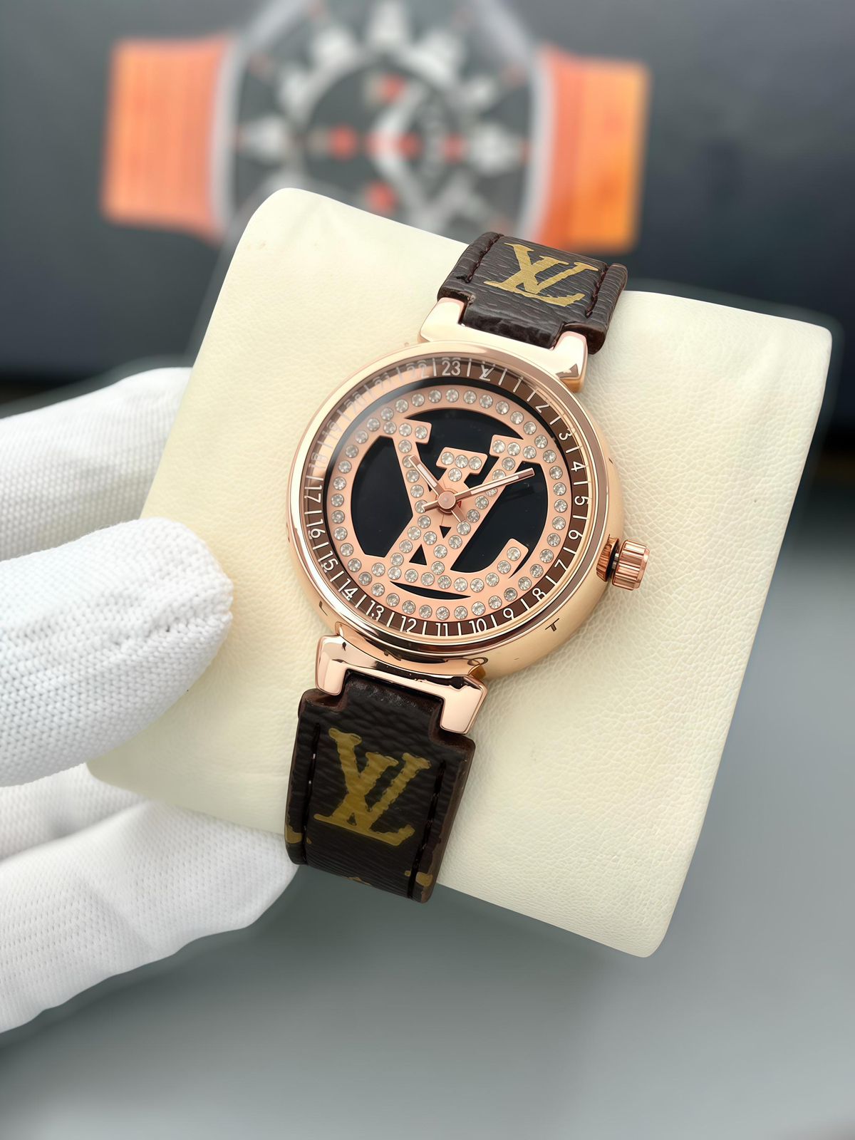 Louis Vuitton Rose Gold Brown Monogram Crystal Logo Ladies Watch