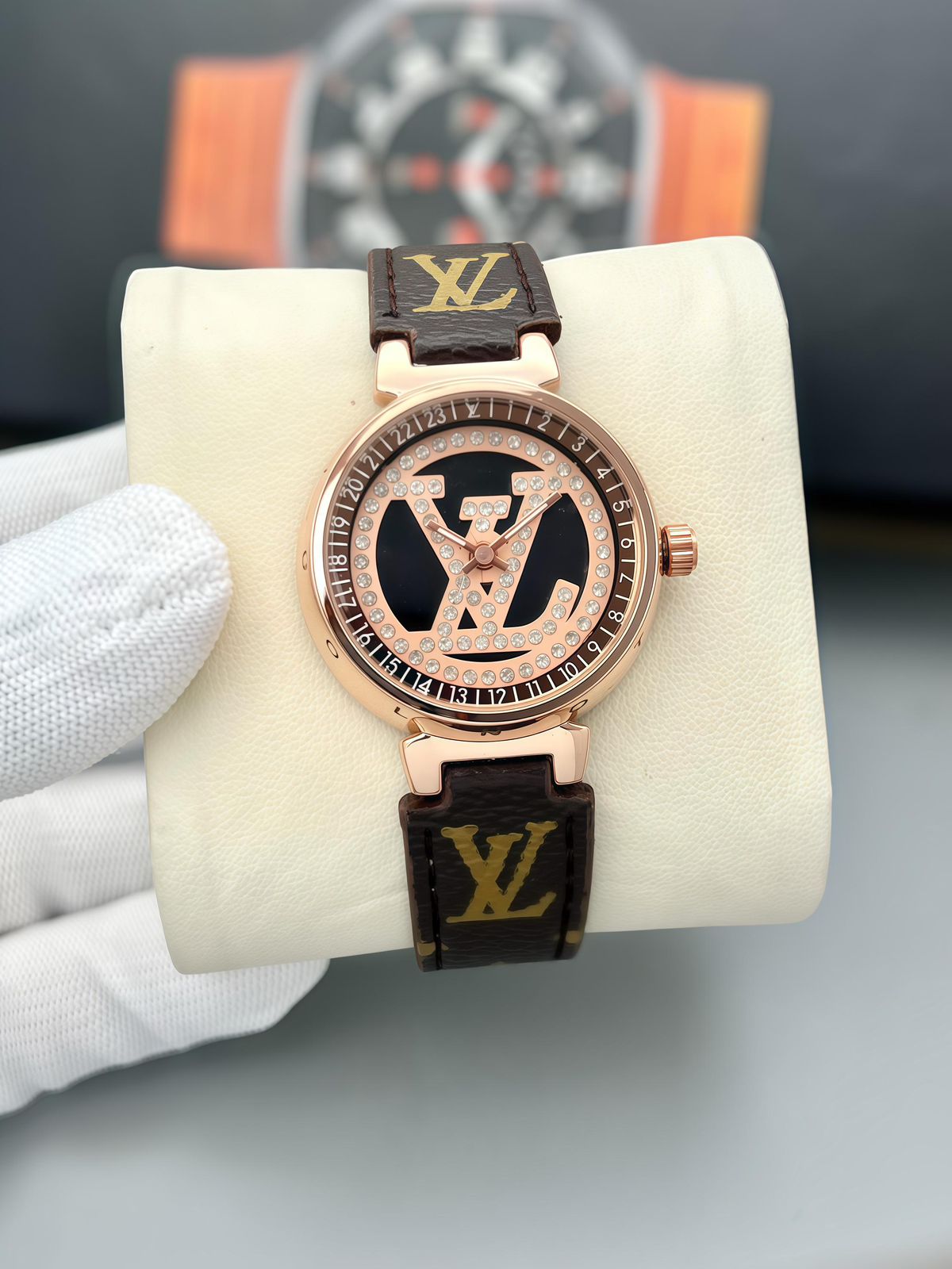 Louis Vuitton Rose Gold Brown Monogram Crystal Logo Ladies Watch - Image 2