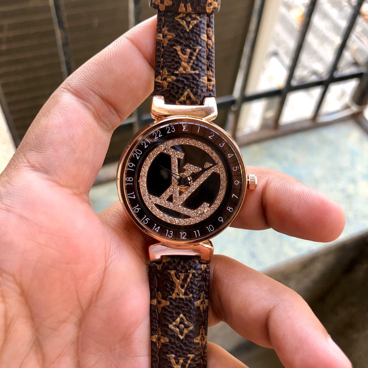 Louis Vuitton Rose Gold Brown Monogram Crystal Logo Ladies Watch - Image 4