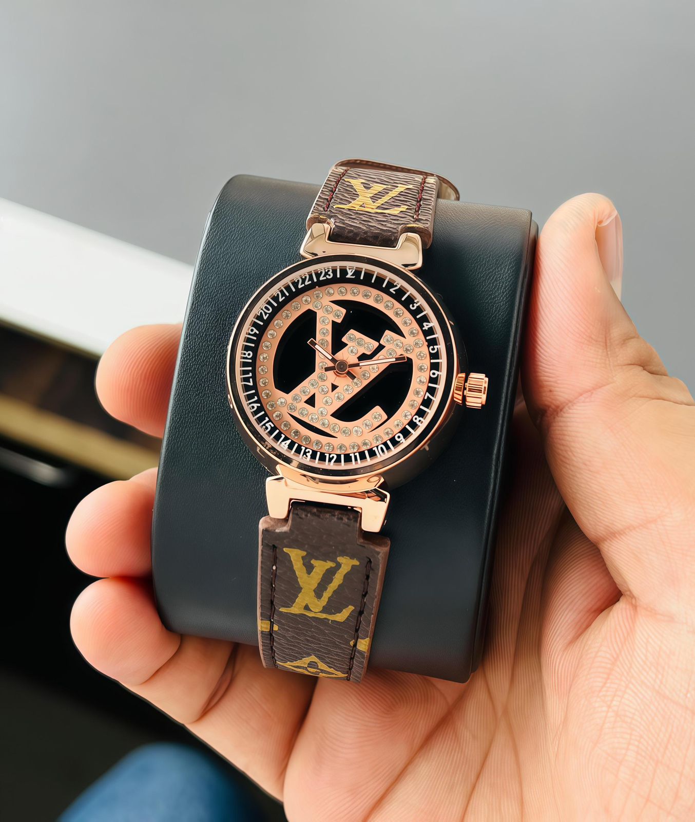 Louis Vuitton Rose Gold Brown Monogram Crystal Logo Ladies Watch - Image 3