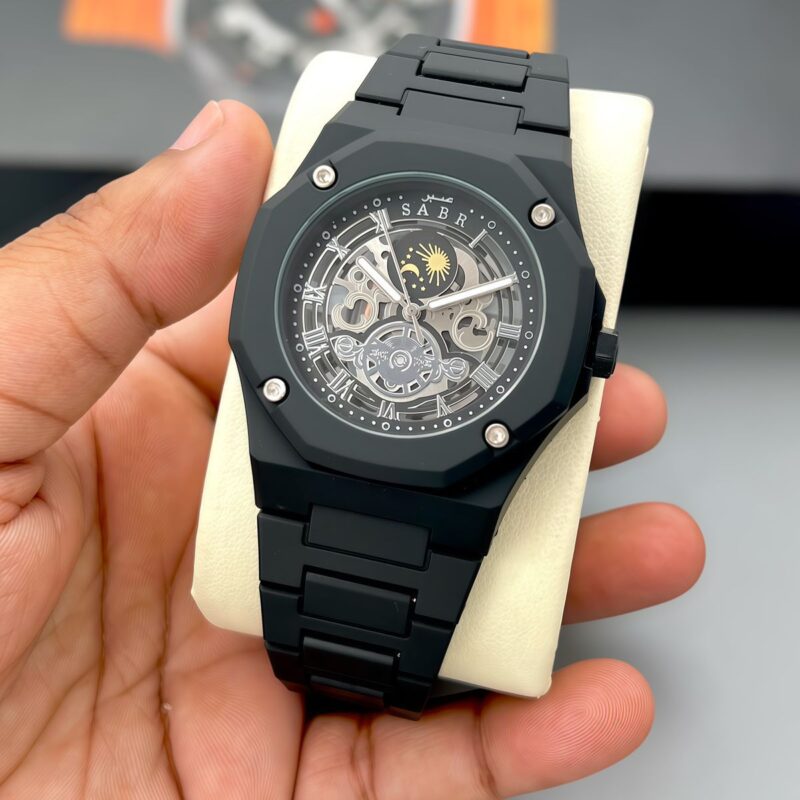 SABR Black Skeleton Sun Moon Dial 42mm Quartz Movement Men's Watch