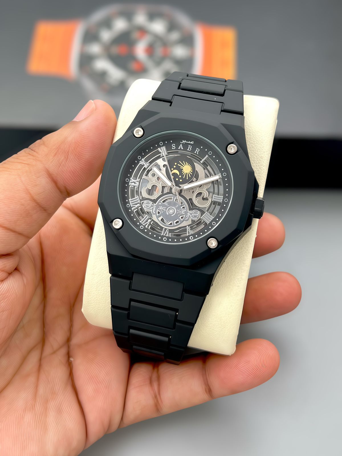 SABR Black Skeleton Sun Moon Dial 42mm Quartz Movement Men's Watch