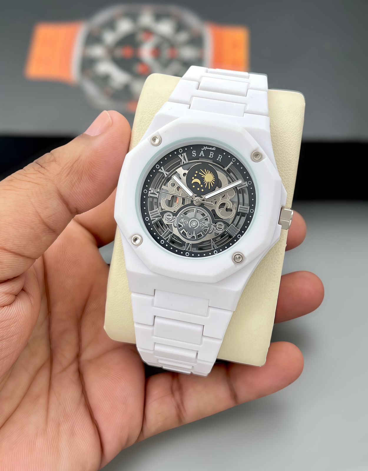 SABR Black Skeleton Sun Moon Dial 42mm Quartz Movement Men's Watch - Image 5