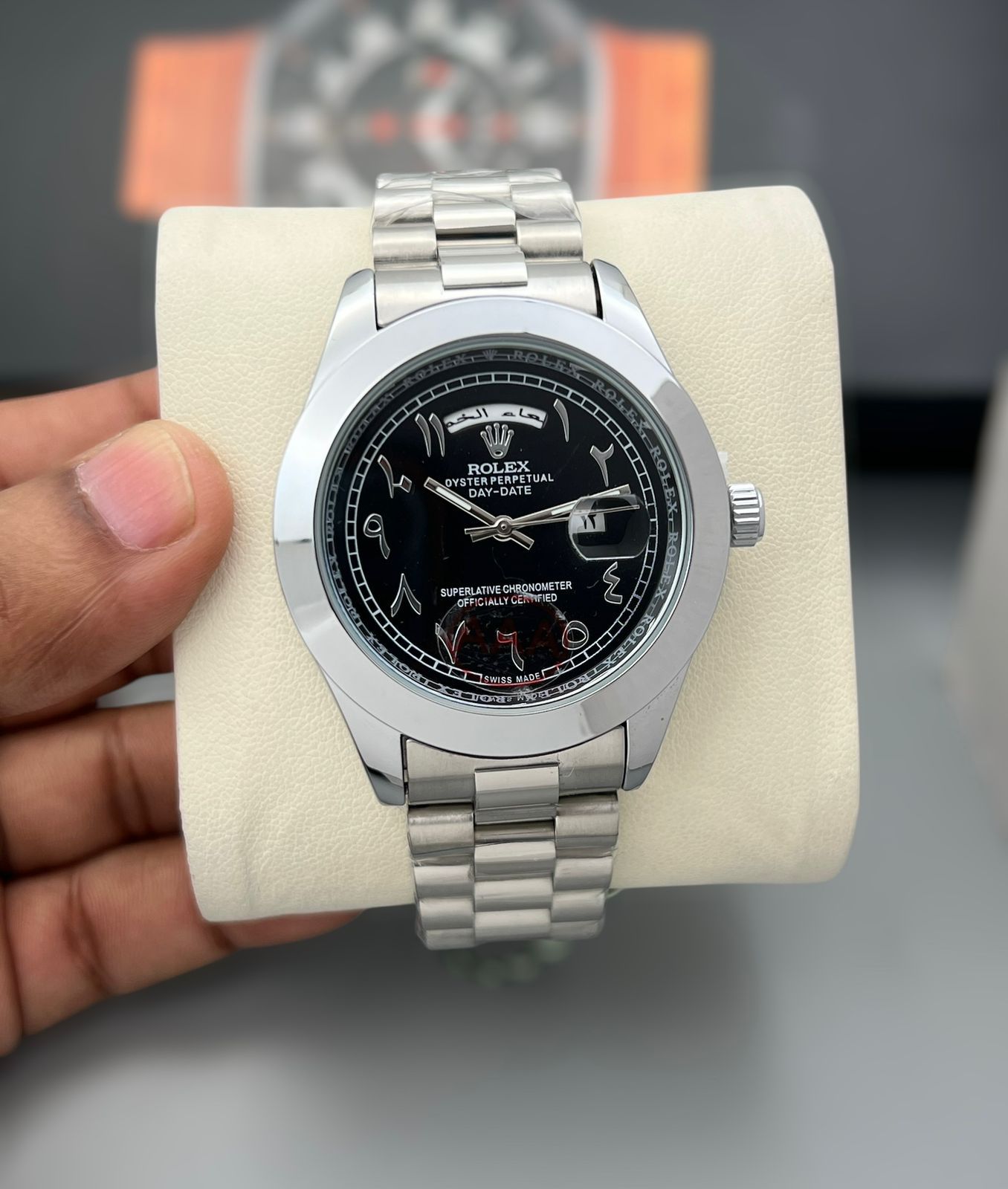 Rolex Day Date Arabic Dial Stainless Steel 42mm Quartz Movement Men's Watch - Image 4