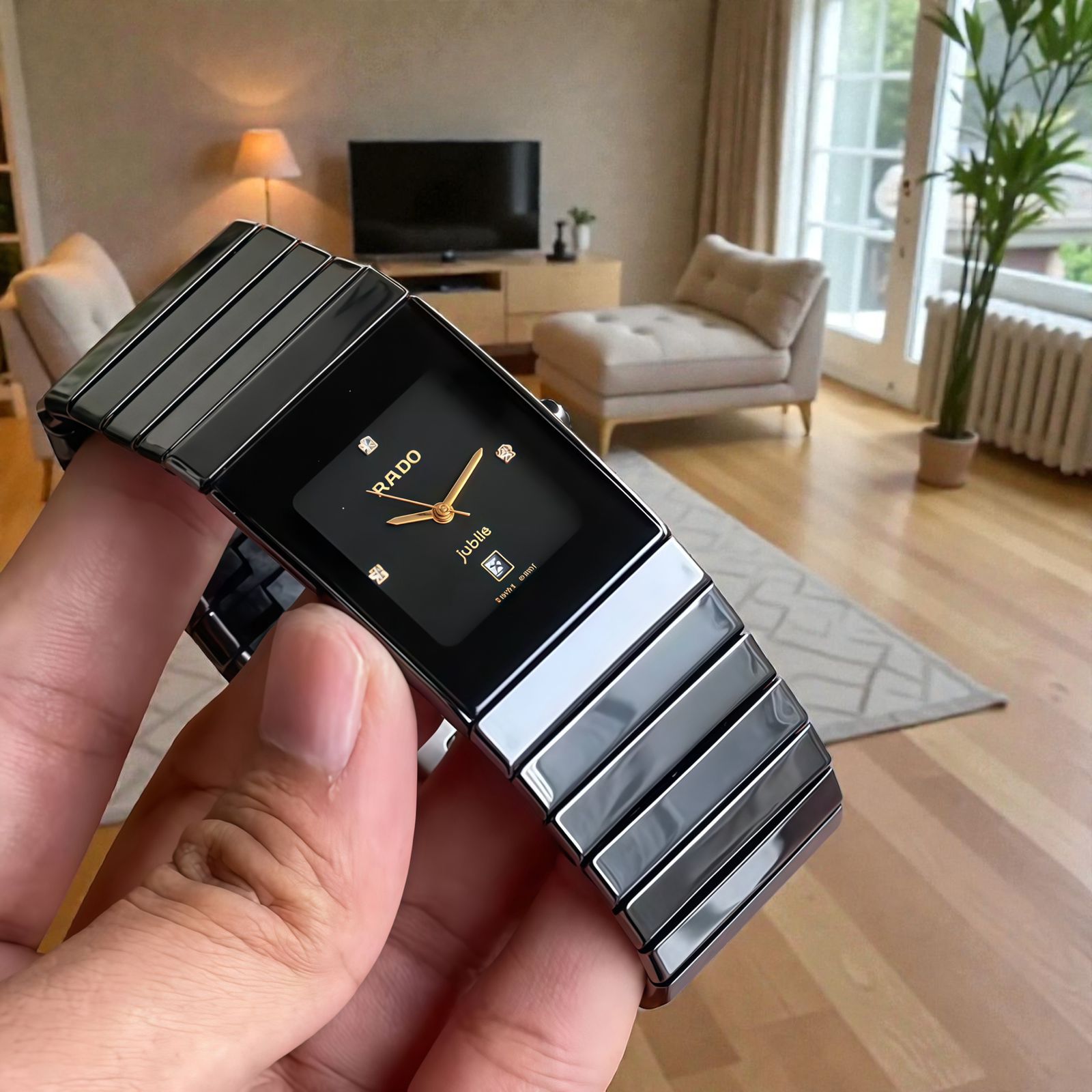 Rado Jubile Black Ceramic Rectangular Diamond Dial Quartz Movement Men’s Watch - Image 3