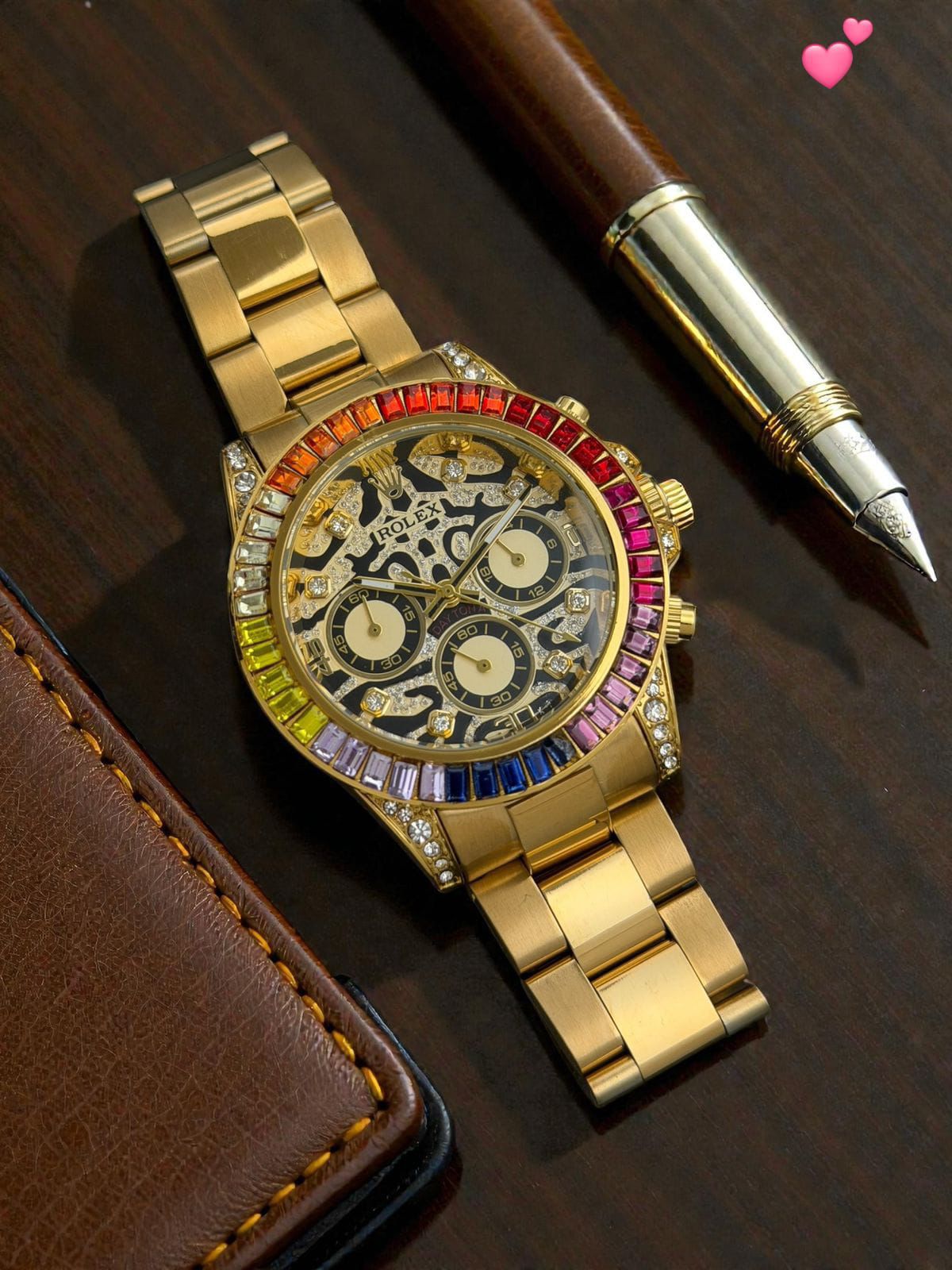 Rolex Rainbow Bezel Gold Skeleton Stainless Steel Chronograph 42mm Quartz Movement Men's Watch - Image 2