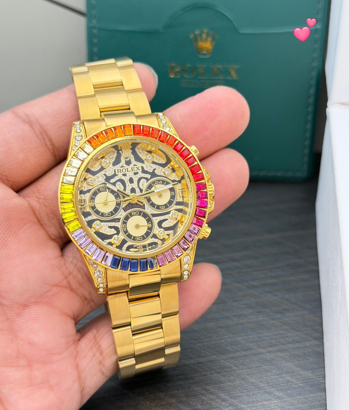 Rolex Rainbow Bezel Gold Skeleton Stainless Steel Chronograph 42mm Quartz Movement Men's Watch - Image 3