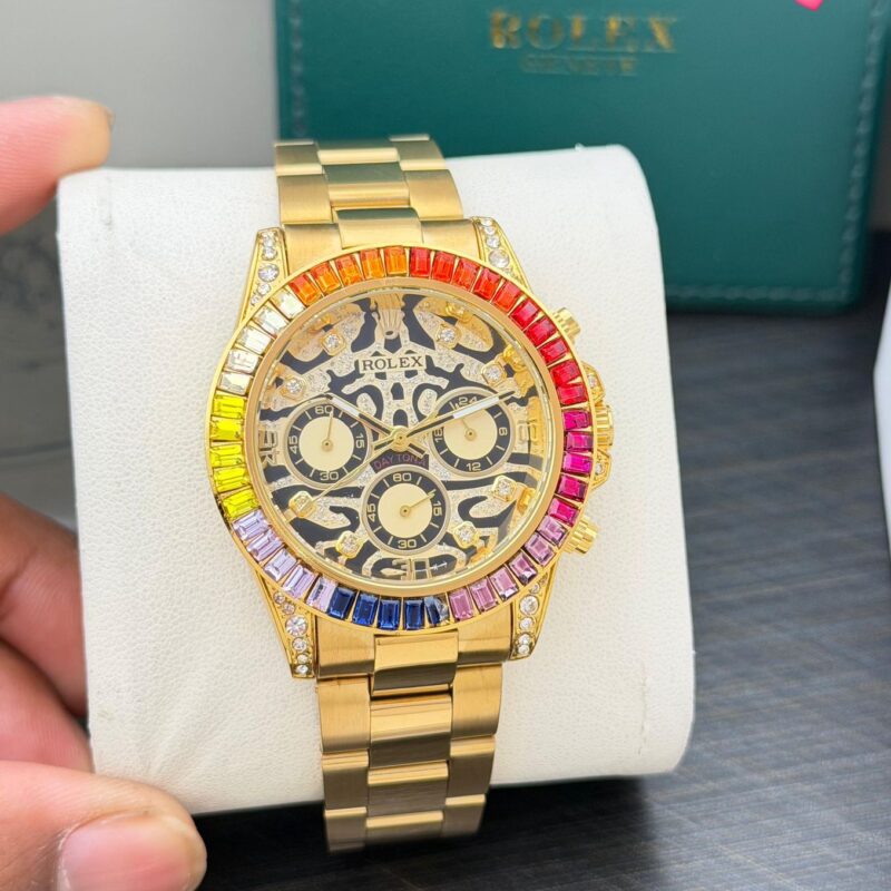 Rolex Rainbow Bezel Gold Skeleton Stainless Steel Chronograph 42mm Quartz Movement Men's Watch