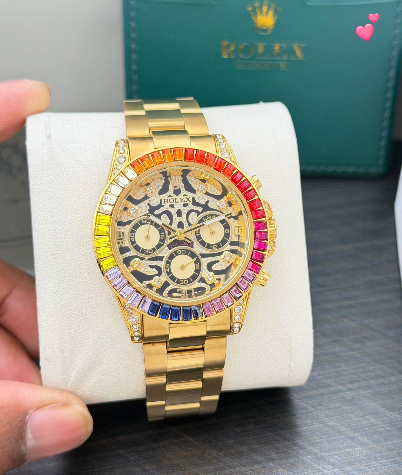 Rolex Rainbow Bezel Gold Skeleton Stainless Steel Chronograph 42mm Quartz Movement Men's Watch