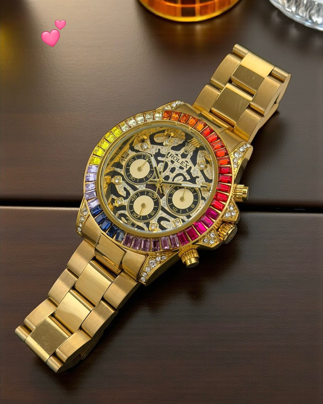 Rolex Rainbow Bezel Gold Skeleton Stainless Steel Chronograph 42mm Quartz Movement Men's Watch - Image 4