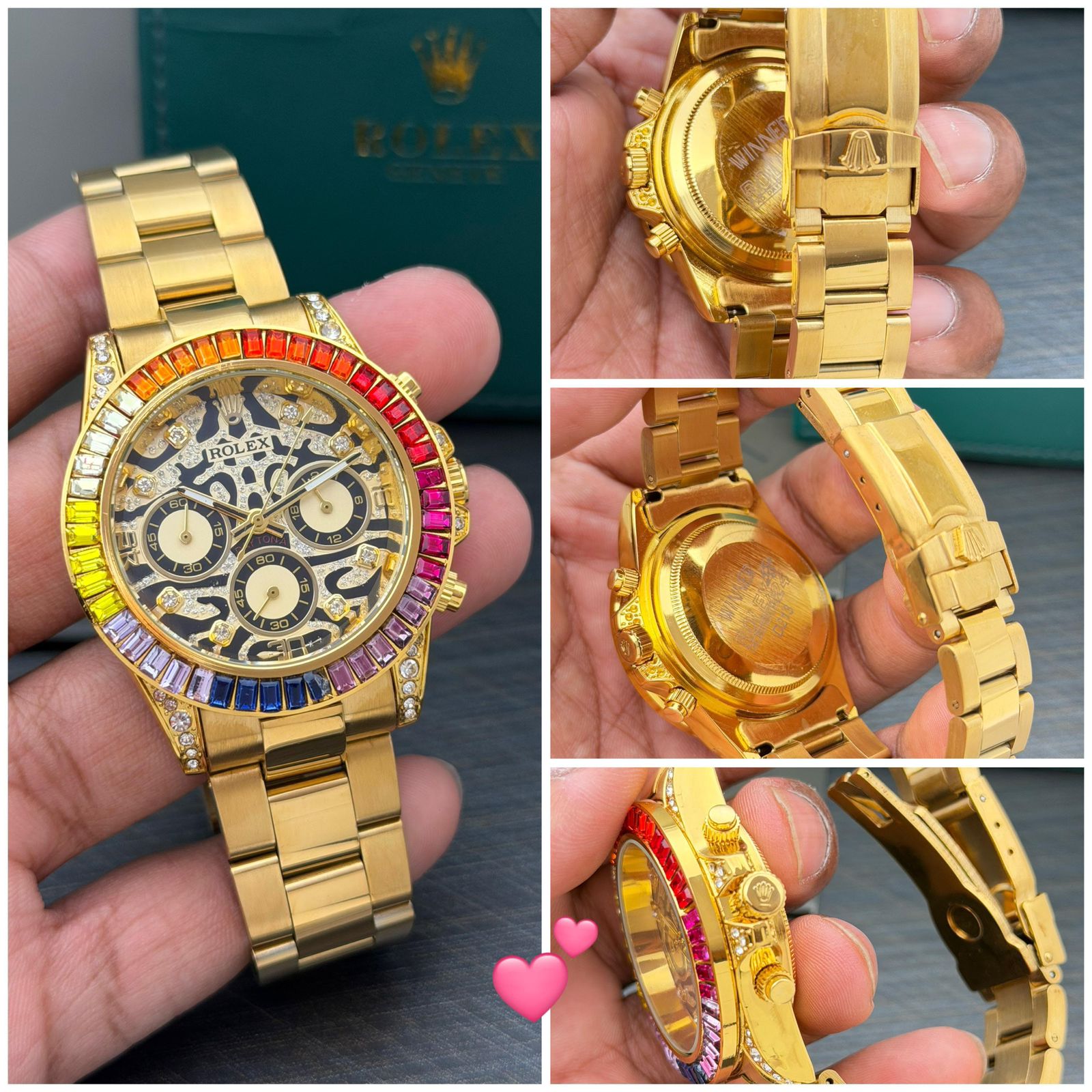 Rolex Rainbow Bezel Gold Skeleton Stainless Steel Chronograph 42mm Quartz Movement Men's Watch - Image 6