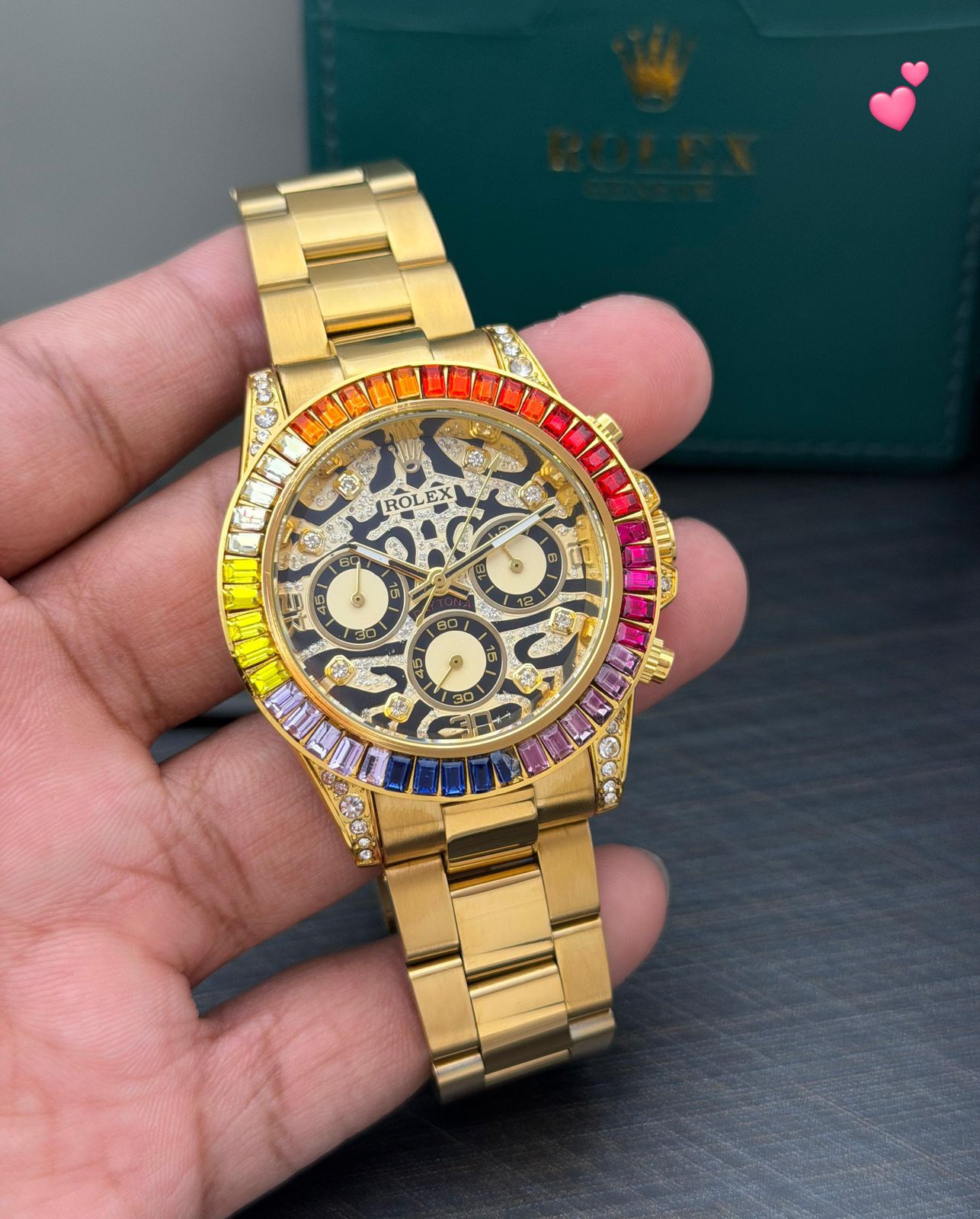 Rolex Rainbow Bezel Gold Skeleton Stainless Steel Chronograph 42mm Quartz Movement Men's Watch - Image 5