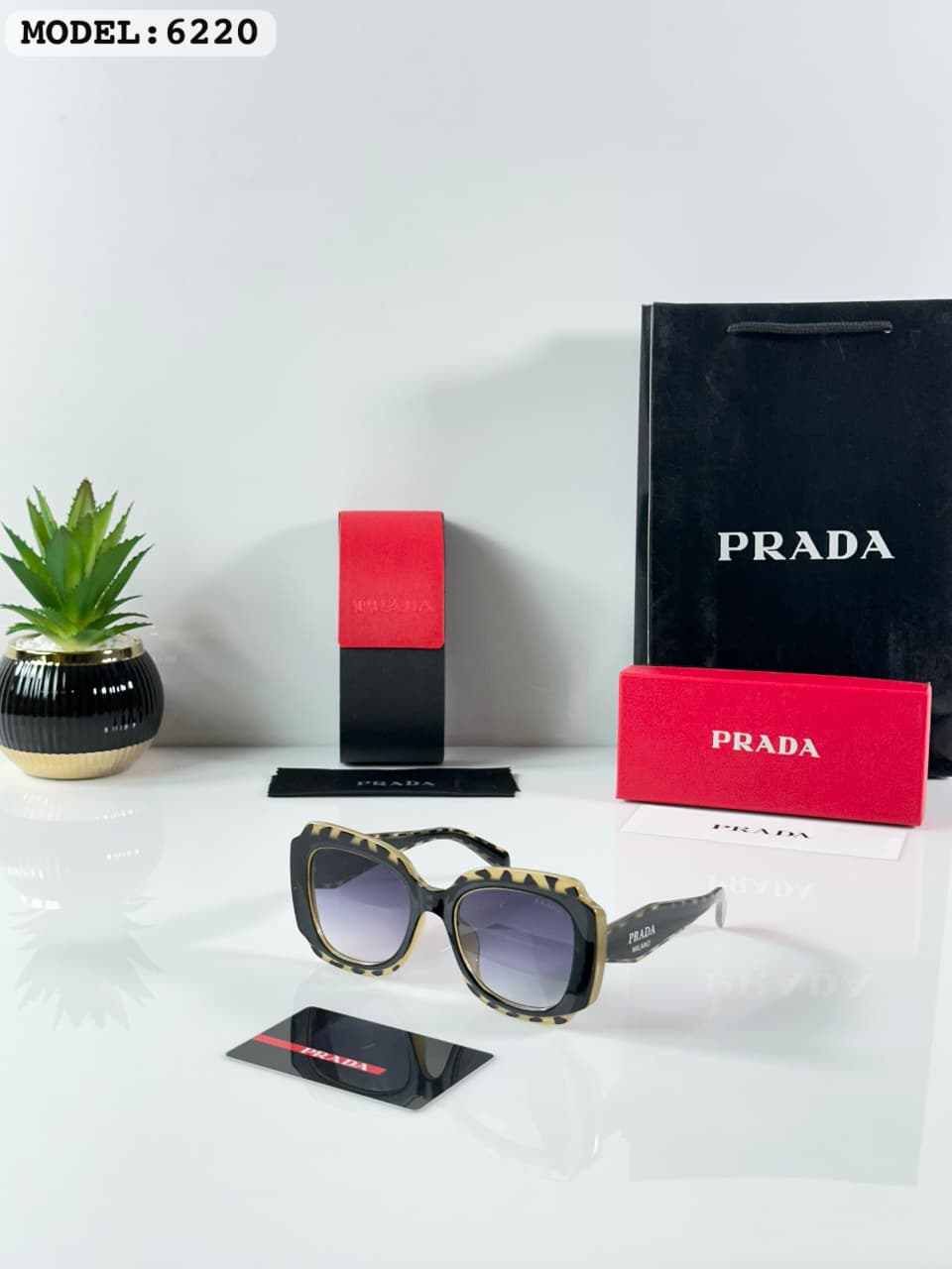 Prada Women's Oversized Square Sunglasses - Black and Animal Print Gradient Lens Luxury Eyewear