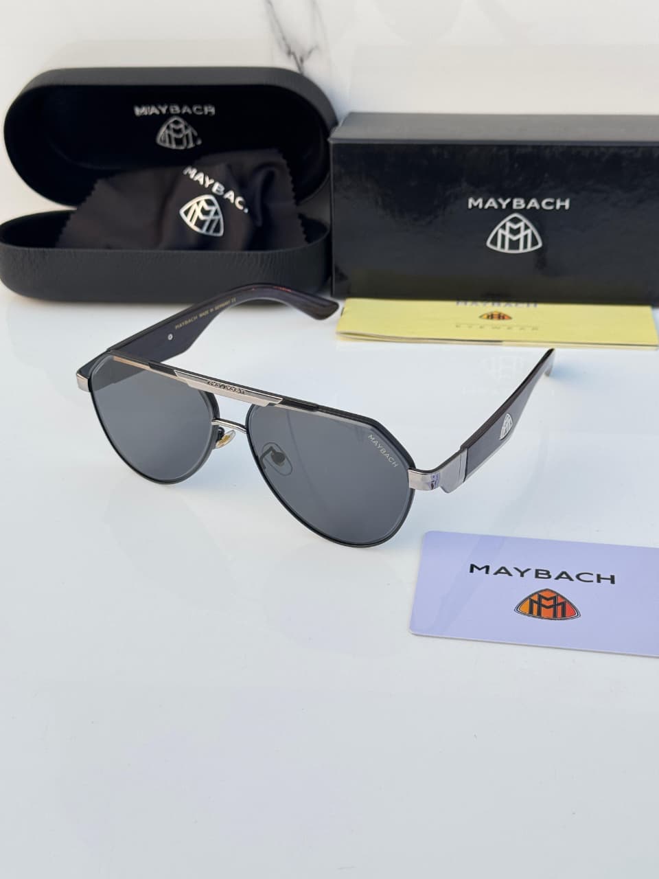 Maybach Luxury Aviator Sunglasses - Premium Wood Grain Temple & Titanium Finish Designer